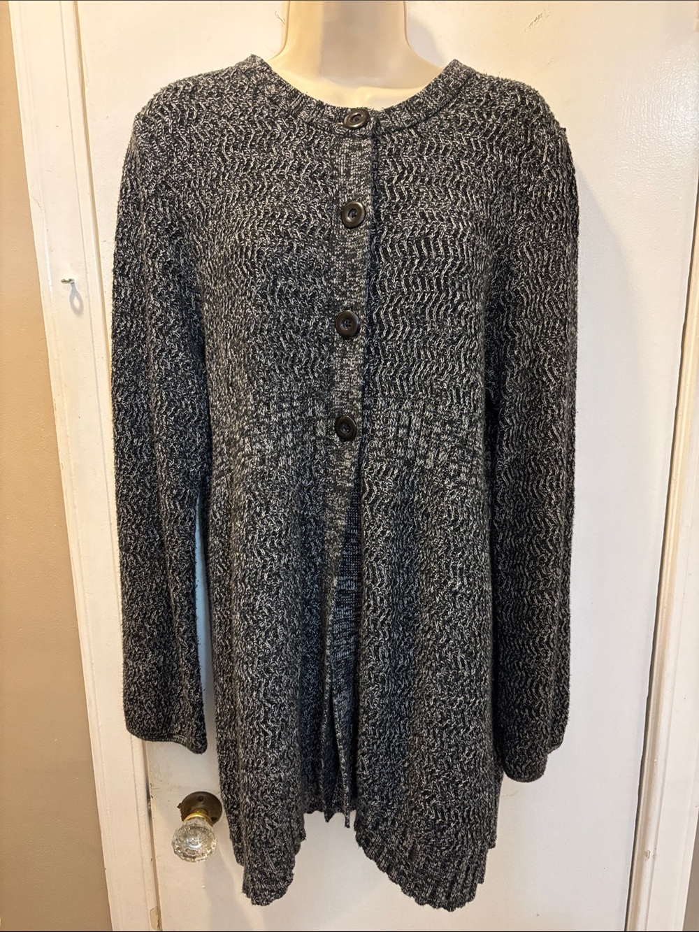 Charter Club XL Cotton Blend Cardigan Sweater Coat Marled Gray Black Knit 36-420